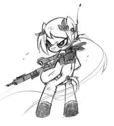 Size: 1031x1142 | Tagged: safe, artist:fore-trekker, derpibooru import, oc, oc:treasure, unofficial characters only, earth pony, pony, antennae, bipedal, female, gun, hair tie, looking back, monochrome, neckerchief, rifle, scope, sketch, solo, tail wrap, weapon