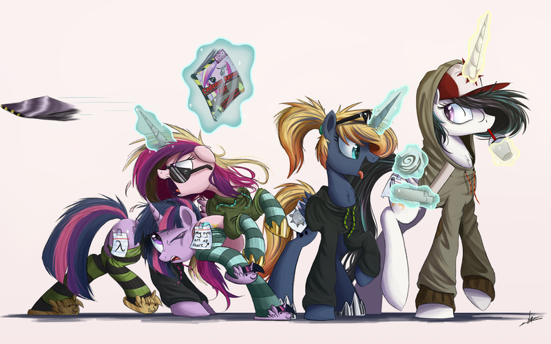 Size: 2500x1563 | Tagged: safe, artist:ncmares, derpibooru import, princess cadance, princess celestia, princess luna, twilight sparkle, twilight sparkle (alicorn), alicorn, pony, ask majesty incarnate, equestria daily, alicorn tetrarchy, clothes, dashie slippers, disguise, fake cutie mark, female, hoodie, levitation, magazine, magic, majestic as fuck, mare, my eyes are up here, open mouth, paper-thin disguise, simple background, slippers, socks, sticky note, striped socks, sunglasses, telekinesis, twily slippers, white background, wig