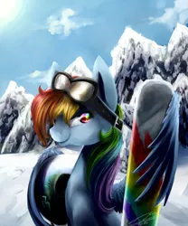 Size: 1000x1200 | Tagged: artist:yummiestseven65, derpibooru import, goggles, helmet, mountain, rainbow dash, safe, snow, snowboard, solo