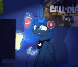 Size: 636x546 | Tagged: artist:ultrard, call of duty, call of duty advanced warfare, colored pupils, controller, dead source, derpibooru import, gamer luna, gaming, headset, levitation, magic, poster, princess luna, safe, shadow, signature, solo, telekinesis, television