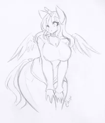 Size: 900x1051 | Tagged: adorasexy, alicorn, alicorn oc, anthro, anthro oc, artist:re-sublimity-kun, big breasts, breasts, cute, derpibooru import, female, monochrome, oc, oc:ticket, sexy, sketch, solo, solo female, suggestive, unofficial characters only