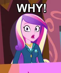 Size: 325x386 | Tagged: safe, derpibooru import, princess cadance, equestria girls, friendship games, dean cadance, image macro, meme, reaction image, solo, why