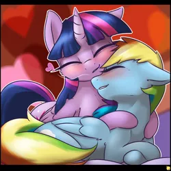 Size: 3600x3600 | Tagged: safe, artist:captainpudgemuffin, derpibooru import, rainbow dash, twilight sparkle, twilight sparkle (alicorn), alicorn, pony, blushing, cute, dashabetes, eyes closed, female, floppy ears, fluffy, grin, heart, hug, lesbian, mare, neck nuzzle, nuzzling, prone, shipping, smiling, twiabetes, twidash