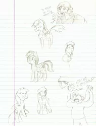 Size: 2394x3143 | Tagged: artist:blackmageanolis, derpibooru import, human, humanized, lined paper, monochrome, rainbow dash, roger waters, safe, sketch, sketch dump, sneaking, surprised, traditional art
