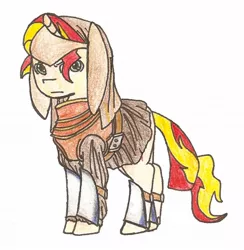 Size: 1065x1091 | Tagged: safe, artist:blackmageanolis, derpibooru import, sunset shimmer, pony, armor, clothes, costume, jean jacque lundi, panzer dragoon, pencil drawing, solo, traditional art