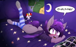 Size: 3200x2000 | Tagged: suggestive, artist:replica, derpibooru import, daring do, oc, oc:nolegs, unofficial characters only, anthro, bat pony, unguligrade anthro, ass, bed, blushing, bottomless, camera, clothes, comic book, cute, dialogue, female, hidden camera, looking at you, map, ocbetes, plushie, poster, solo, solo female, underhoof, when you see it