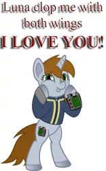 Size: 637x1024 | Tagged: suggestive, derpibooru import, oc, oc:littlepip, unofficial characters only, pony, unicorn, fallout equestria, fanfic, bipedal, clothes, colored hooves, cutie mark, dashface, dialogue, ear fluff, fanfic art, female, hoof fluff, hooves, horn, mare, pipbuck, simple background, so awesome, solo, text, unshorn fetlocks, vault suit, white background