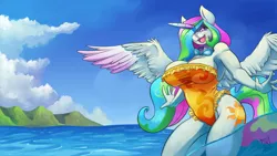 Size: 1920x1080 | Tagged: anthro, armpits, artist:zwitterkitsune, beach, breasts, busty princess celestia, clothes, derpibooru import, female, frilled swimsuit, goggles, hair over one eye, one-piece swimsuit, open mouth, orange swimsuit, patreon, princess celestia, solo, solo female, spread wings, suggestive, swimming goggles, swimsuit, wallpaper, wallpaper for the fearless