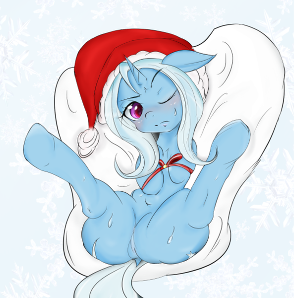 Size: 599x606 | Tagged: questionable, artist:mabo3, derpibooru import, trixie, pony, unicorn, belly button, blushing, bondage, dock, female, hat, mare, santa hat, solo, solo female, sweat