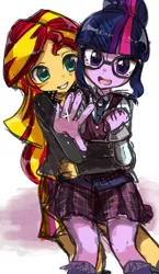 Size: 466x806 | Tagged: safe, artist:weiliy, derpibooru import, sci-twi, sunset shimmer, twilight sparkle, equestria girls, blushing, clothes, crying, crystal prep academy uniform, cute, engagement ring, female, glasses, grin, hug, hug from behind, lesbian, open mouth, ring, school uniform, scitwishimmer, shimmerbetes, shipping, smiling, sunsetsparkle, tears of joy, twiabetes