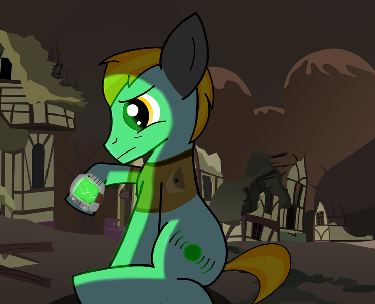 Size: 2473x2000 | Tagged: artist:brimstonebro, derpibooru import, fallout equestria, foal, oc, pipbuck, safe, solo, unofficial characters only