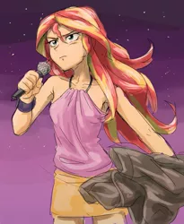 Size: 657x800 | Tagged: safe, artist:invisibleone11, derpibooru import, sunset shimmer, human, equestria girls, rainbow rocks, armpits, humanized, scene interpretation, sleeveless, solo, the coats are off, undressing, welcome to the show