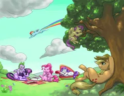 Size: 1725x1347 | Tagged: safe, artist:invisibleone11, derpibooru import, applejack, fluttershy, pinkie pie, rainbow dash, rarity, spike, twilight sparkle, bird, butterfly, earth pony, pegasus, pony, unicorn, book, cupcake, eating, fainting couch, flower, food, mane seven, mane six, nest, picnic, pixiv, rainbow trail, tree, unicorn twilight