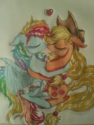 Size: 1024x1365 | Tagged: safe, artist:penkatshi, derpibooru import, applejack, rainbow dash, appledash, female, heart, kissing, lesbian, shipping, sketch, traditional art