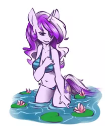 Size: 540x648 | Tagged: safe, artist:tiki-sama, derpibooru import, oc, oc:milagra lilac, unofficial characters only, anthro, unicorn, belly button, bikini, blue eyes, clothes, swimsuit, two colour hair, water lily