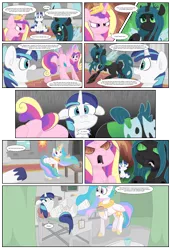 Size: 2170x3175 | Tagged: suggestive, artist:jittery-the-dragon, derpibooru import, princess cadance, princess celestia, queen chrysalis, shining armor, alicorn, pony, unicorn, body cast, bugbutt, cake, cakelestia, comic, female, food, lovebutt, male, mare, muffled words, open mouth, plot, rage, shining armor gets all the mares, shining armor is a goddamn moron, shininglestia, stallion, sunbutt, truth