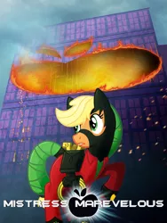 Size: 1500x2000 | Tagged: safe, artist:knadire, artist:knadow-the-hechidna, derpibooru import, applejack, mistress marevelous, earth pony, pony, batman, fire, mashup, parody, poster, power ponies, solo, the dark knight, wonder woman