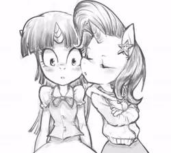 Size: 600x535 | Tagged: anthro, artist:conoghi, derpibooru import, equestria girls outfit, female, kissing, lesbian, monochrome, safe, shipping, trixie, twilight sparkle, twixie