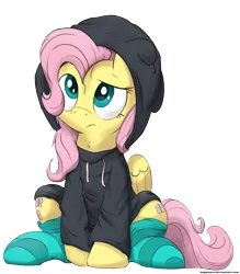 Size: 1341x1533 | Tagged: safe, artist:bugplayer, derpibooru import, edit, fluttershy, pegasus, pony, both cutie marks, bugplayer is trying to murder us, clothes, cute, female, hoodie, hug life, looking up, mare, messy mane, raised eyebrow, shyabetes, simple background, sitting, socks, solo, striped socks, transparent background