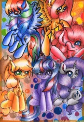 Size: 807x1159 | Tagged: safe, artist:emi-288, derpibooru import, applejack, fluttershy, pinkie pie, rainbow dash, rarity, twilight sparkle, mane six, traditional art