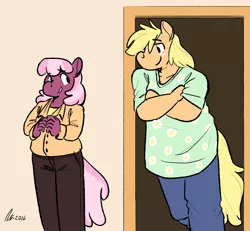 Size: 1280x1184 | Tagged: anthro, applejack, artist:rwl, cheerijack, cheerilee, clothes, derpibooru import, female, lesbian, safe, shipping, size difference