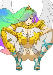 Size: 1414x2000 | Tagged: armor, artist:maniacpaint, artist:oddmachine, artist:oddrich, belly button, breasts, busty princess celestia, cleavage, derpibooru import, female, hair over one eye, human, humanized, looking at you, princess celestia, skimpy outfit, smiling, solo, solo female, squatting, suggestive, unconvincing armor, winged humanization