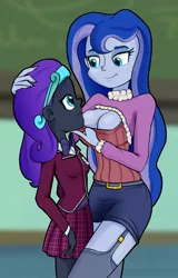 Size: 896x1404 | Tagged: suggestive, artist:ohohokapi, deleted from derpibooru, derpibooru import, princess luna, oc, oc:nyx, equestria girls, breasts, busty princess luna, cleavage, clothes, equestria girls-ified, female, keyhole turtleneck, lesbian, open-chest sweater, sweater, technically selfcest, turtleneck, vice principal luna