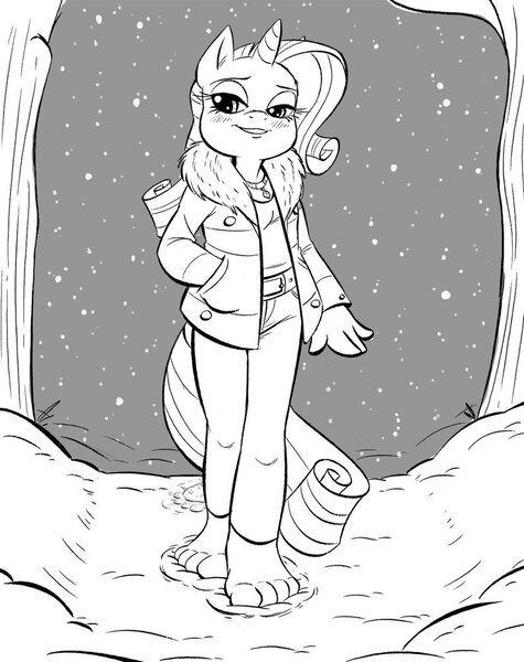 Size: 795x1004 | Tagged: anthro, artist:kuroi-wolf, barefoot, blushing, derpibooru import, feet, footprint, monochrome, plantigrade anthro, rarity, safe, smiling, smug, snow, snowfall, solo, toes, winter, winter outfit