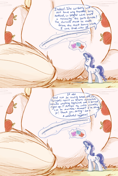 Size: 2818x4208 | Tagged: dead source, safe, artist:ncmares, derpibooru import, applejack, rarity, pony, ask, big-apple-pony, both cutie marks, dialogue, fabric, giant pony, macro, magic, measuring tape, plot, sitting, telekinesis, tumblr