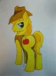 Size: 3113x4226 | Tagged: safe, artist:scribblepwn3, derpibooru import, braeburn, earth pony, pony, clothes, cowboy hat, hat, pen drawing, plot, solo, traditional art, vest, watercolor painting