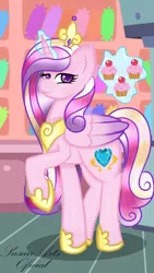 Size: 480x854 | Tagged: artist:diamond kitty, bedroom eyes, cupcake, derpibooru import, food, levitation, looking at you, magic, princess cadance, raised hoof, safe, smiling, solo, telekinesis