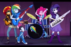 Size: 1578x1045 | Tagged: safe, artist:ctb-36, derpibooru import, pinkie pie, rainbow dash, rarity, sunset shimmer, equestria girls, rainbow rocks, boots, bracelet, clothes, drums, electric guitar, guitar, high heel boots, jewelry, keytar, musical instrument, scene interpretation, skirt, stage