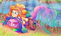 Size: 1920x1136 | Tagged: safe, artist:halem1991, derpibooru import, adagio dazzle, aria blaze, half-siren, siren, equestria girls, rainbow rocks, ariabetes, blushing, boots, clothes, color porn, colorful, cross-popping veins, cute, digital drawing, eyestrain warning, false colors, female, halem1991 is trying to murder us, outdoors, pinned, pinned down, river, riverbank, scenery, shoes, signature, smiling, socks, stockings, thigh highs, true form, unamused, underhoof, water