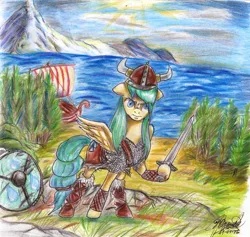 Size: 2657x2519 | Tagged: safe, artist:mannybcadavera, derpibooru import, sunshower raindrops, pegasus, pony, armor, female, helmet, hoof hold, horned helmet, longship, mare, solo, sword, traditional art, viking, viking helmet, weapon