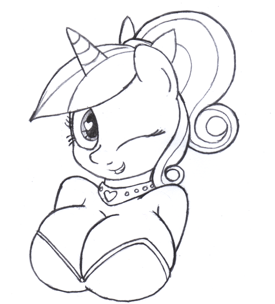 Size: 1900x2100 | Tagged: anthro, artist:an-tonio, breasts, bust, busty princess cadance, cleavage, derpibooru import, female, monochrome, ponytail, princess cadance, solo, solo female, suggestive, traditional art, wink