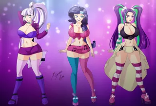 Size: 2970x2020 | Tagged: suggestive, artist:shinta-girl, derpibooru import, aria blaze, coloratura, rarity, human, equestria girls, rainbow rocks, bangs, barrette, belly button, big breasts, bimbo, boots, breasts, busty aria blaze, busty coloratura, busty rarity, choker, cleavage, clothes, collar, countess coloratura, curvy, detached sleeves, eyeshadow, female, females only, group, high heel boots, high heels, hourglass figure, humanized, jacket, lipstick, makeup, microskirt, midriff, miniskirt, pigtails, ponytail, short shirt, skirt, socks, striped socks, thigh highs, tube top, twintails, zettai ryouiki