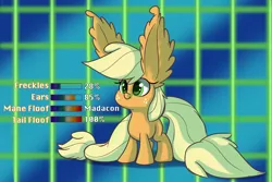 Size: 3000x2000 | Tagged: safe, artist:heir-of-rick, derpibooru import, applejack, earth pony, pony, daily apple pony, :t, abstract background, cute, ear fluff, filly, freckles, giant ears, impossibly large ears, jackabetes, smiling, solo, stats, style emulation, younger