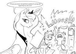 Size: 1280x904 | Tagged: safe, artist:silfoe, derpibooru import, princess luna, twilight sparkle, oc, oc:evening melody, bat pony, pony, royal sketchbook, blatant lies, court, dialogue, file, glowing horn, grayscale, lies, looking at you, magic, monochrome, paper, screaming, telekinesis