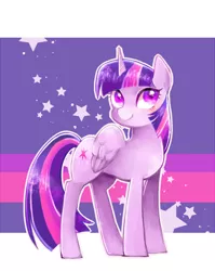 Size: 550x690 | Tagged: safe, artist:sibashen, derpibooru import, twilight sparkle, twilight sparkle (alicorn), alicorn, pony, abstract background, colored pupils, looking at you, smiling, solo, stars
