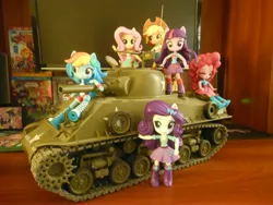 Size: 4608x3456 | Tagged: safe, artist:pmbsakura37, derpibooru import, applejack, fluttershy, pinkie pie, rainbow dash, rarity, twilight sparkle, equestria girls, clothes, doll, equestria girls minis, eqventures of the minis, m4 sherman, sherman, skirt, tank (vehicle), tanktop, toy