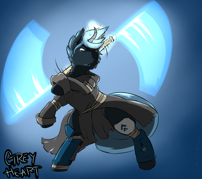 Size: 1300x1150 | Tagged: safe, artist:badgerkun, derpibooru import, oc, oc:grey heart, unofficial characters only, bat pony unicorn, pony, blue coat, blue mane, double lightsaber, jedi, lightsaber, male, pose, simple background, stallion, star wars, weapon