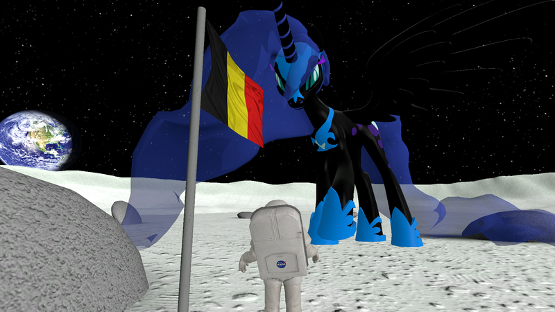 Size: 1920x1080 | Tagged: safe, artist:pooplozaic, derpibooru import, nightmare moon, human, pony, 3d, astronaut, belgian flag, earth, flag, flag pole, giant pony, giantess, luna and the nauts, macro, moon