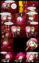 Size: 1024x1638 | Tagged: safe, artist:fj-c, derpibooru import, fluttershy, pinkie pie, rainbow dash, fairy, equestria girls, belly button, clothes, comic, dialogue, fantasy equestria, midriff, skirt, spanish, upside down