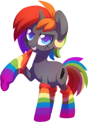 Size: 792x1091 | Tagged: artist:dawnfire, clothes, colored pupils, derpibooru import, male, mouth hold, oc, oc:krylone, rainbow hair, rainbow socks, safe, simple background, socks, solo, stallion, striped socks, transparent background, unofficial characters only