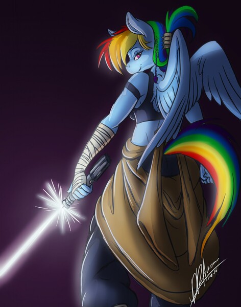 Size: 1006x1280 | Tagged: anthro, artist:thebigbadwolf01, bandage, clothes, commission, crossover, derpibooru import, female, lightsaber, looking at you, looking back, looking back at you, midriff, rainbow dash, rey, safe, smiling, solo, star wars, weapon