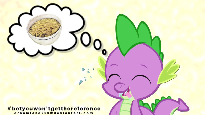 Size: 1024x576 | Tagged: questionable, artist:dreamland200, derpibooru import, spike, cheese, drool, fantasizing, food, happy, licking, licking lips, macaroni, macaroni and cheese, pasta, reference, tongue out, vine video