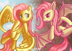 Size: 4961x3508 | Tagged: safe, artist:seer45, derpibooru import, fluttershy, bat pony, pony, duality, duo, flutterbat, looking at each other