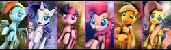 Size: 6480x1920 | Tagged: safe, artist:alcohors, derpibooru import, applejack, fluttershy, pinkie pie, rainbow dash, rarity, twilight sparkle, twilight sparkle (alicorn), alicorn, pony, 3d, female, gem, glowing eyes, mare, open mouth, raised hoof, smiling, source filmmaker, tongue out, tree, wallpaper