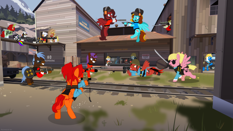 Size: 7680x4320 | Tagged: safe, artist:techarmsbu, derpibooru import, oc, oc:any pony, oc:dr. wolf, oc:eliyora, oc:finn the pony, oc:firebrand, oc:goldenfox, oc:ilovekimpossiblealot, oc:ink rose, oc:keyframe, oc:lightning bliss, oc:mad munchkin, oc:silver quill, oc:sweetie bloom, oc:thespio, oc:toonkriticy2k, oc:voice of reason, unofficial characters only, alicorn, anthro, classical hippogriff, earth pony, hippogriff, pegasus, pony, unicorn, wolf, 8k, absurd resolution, alicorn oc, arrow, baseball bat, black box, bow (weapon), bow and arrow, cutie mark, demoman, dispenser, engineer, female, flamethrower, goldenkey, grenade launcher, gun, half-zatoichi, heavy, hooves, horn, huntsman, male, mare, medic, medigun, minigun, non-mlp oc, optical sight, pda, plot, pyro, red and black oc, rifle, sapper, scattergun, scout, shotgun, sniper, sniper rifle, soldier, spy, sword, team fortress 2, teeth, weapon, wings, wrench