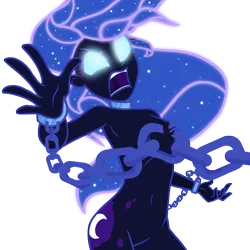 Size: 4000x4000 | Tagged: suggestive, artist:darthlena, derpibooru import, nightmare moon, equestria girls, absurd resolution, armpits, chained, equestria girls-ified, female, glowing eyes, nudity, simple background, solo, solo female, strategically covered, transparent background